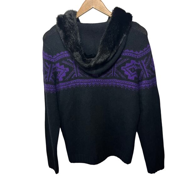 Lauren Ralph Lauren Sweater Black Purple Wool Angora Full Zip Hooded Fur Trim PL - Picture 4 of 7